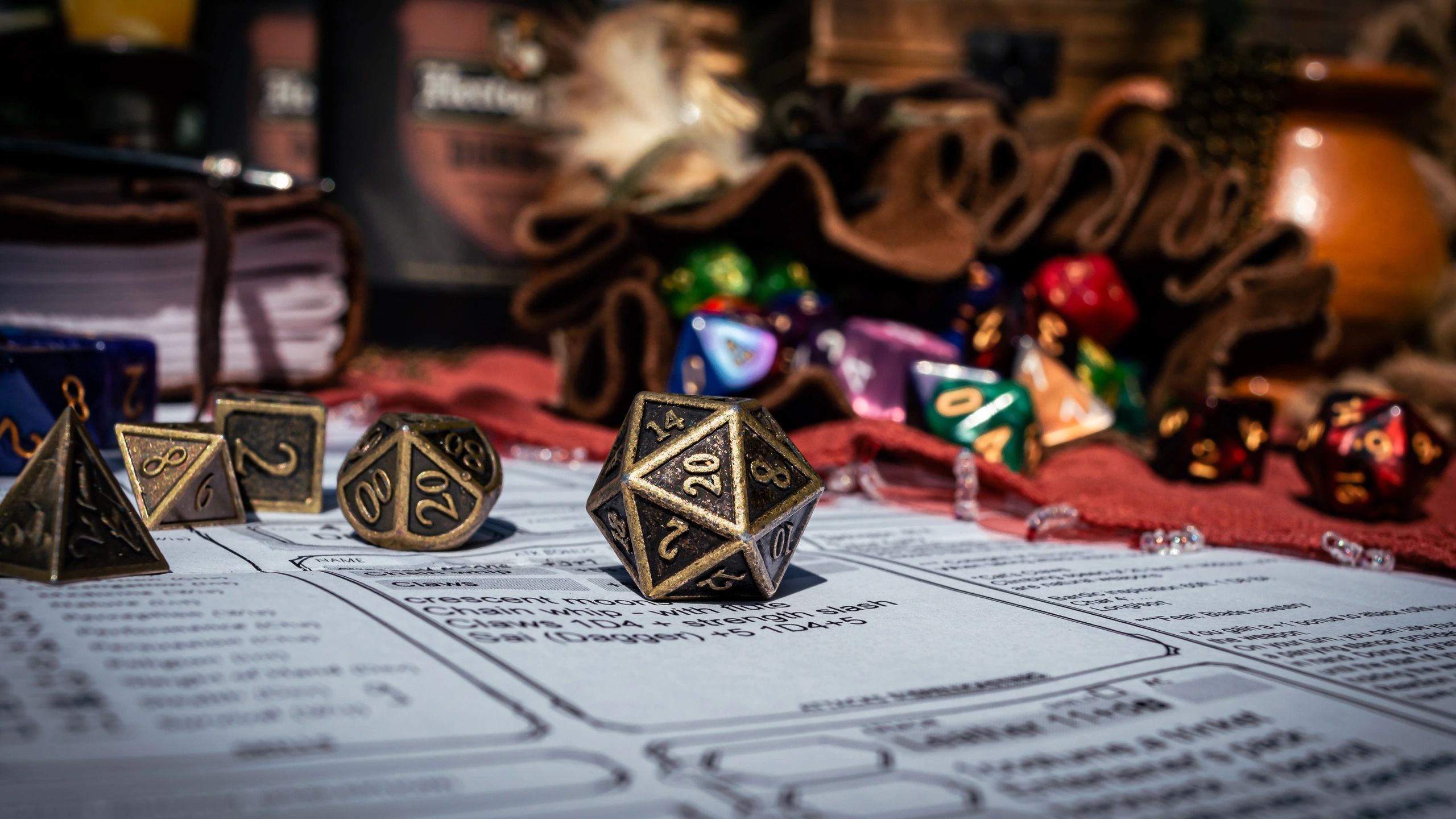 Twenty-sided die on a character sheet representing tabletop storytelling